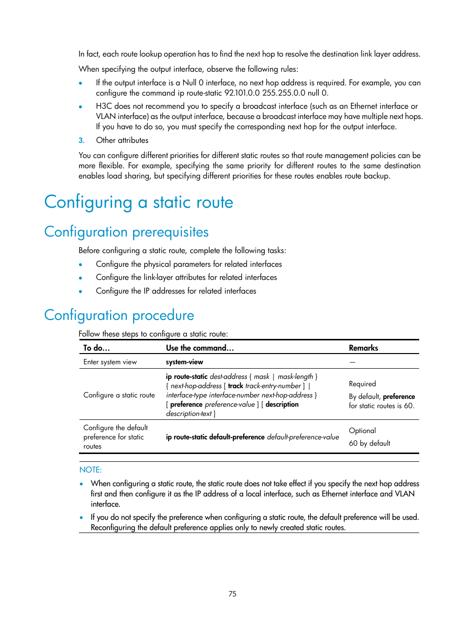 Configuring a static route, Configuration prerequisites, Configuration procedure | H3C Technologies H3C SecBlade NetStream Cards User Manual | Page 90 / 349