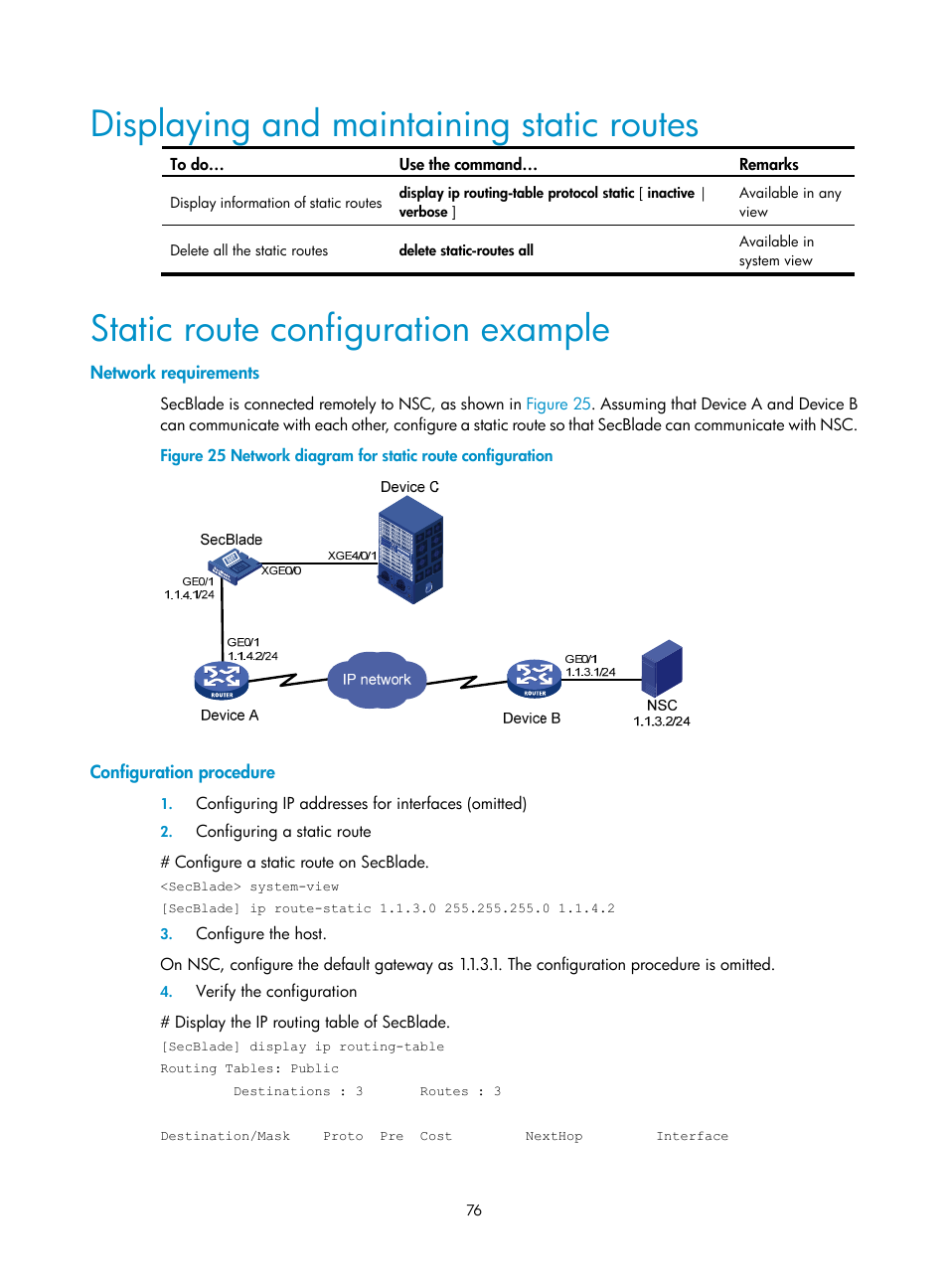 Displaying and maintaining static routes, Static route configuration example, Network requirements | Configuration procedure | H3C Technologies H3C SecBlade NetStream Cards User Manual | Page 91 / 349