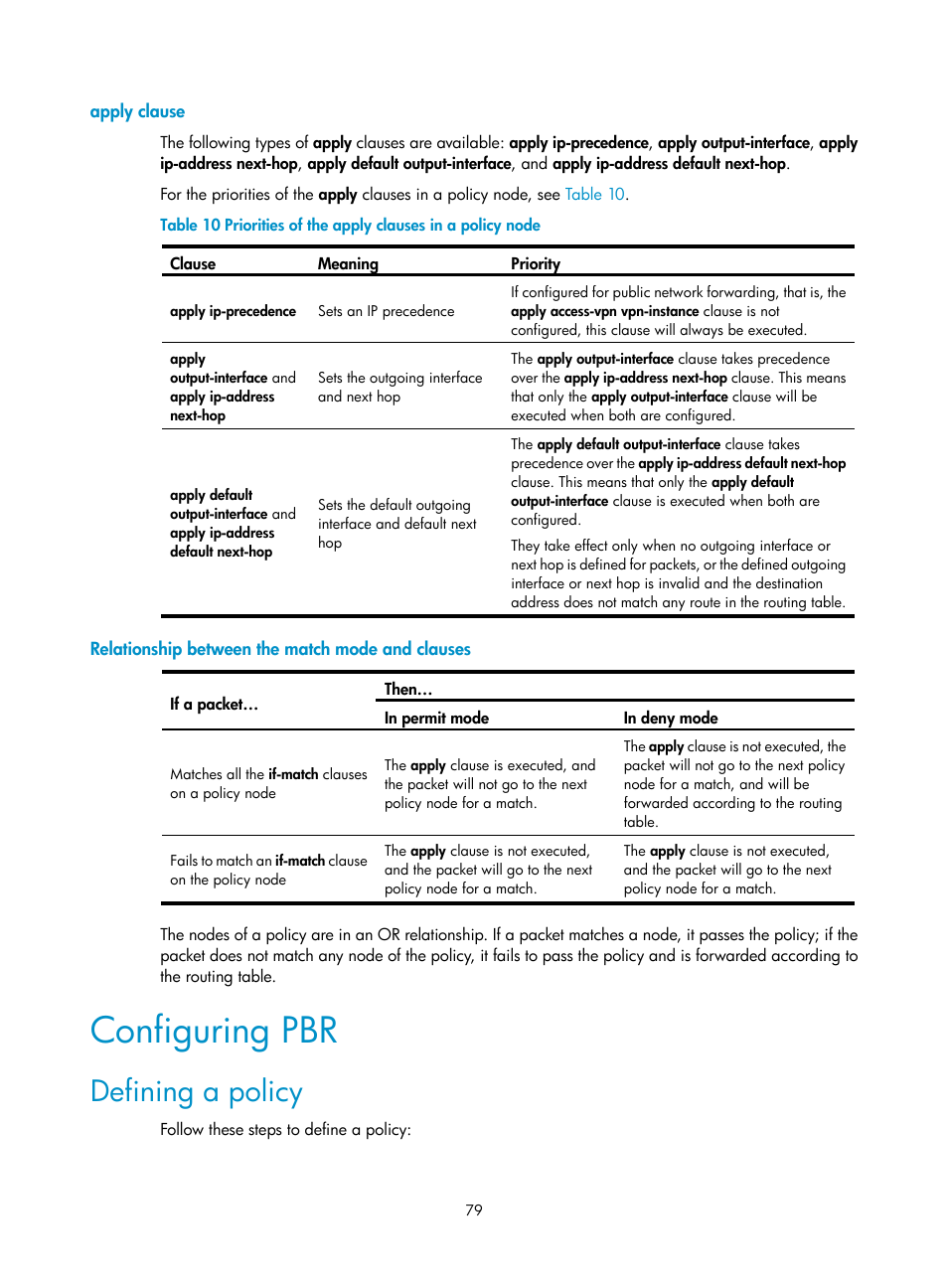 Apply clause, Relationship between the match mode and clauses, Configuring pbr | Defining a policy | H3C Technologies H3C SecBlade NetStream Cards User Manual | Page 94 / 349