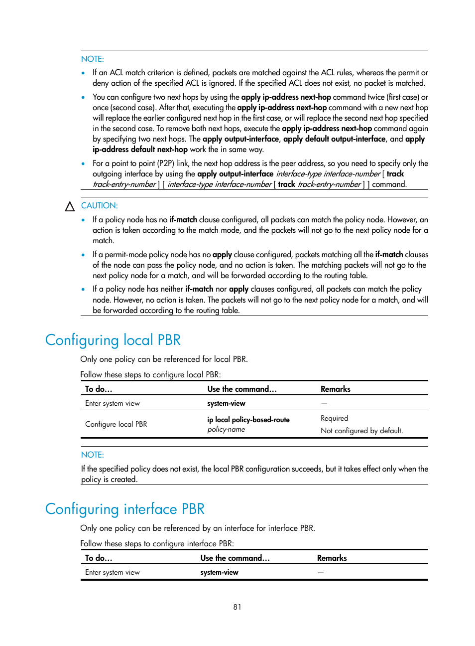 Configuring local pbr, Configuring interface pbr | H3C Technologies H3C SecBlade NetStream Cards User Manual | Page 96 / 349