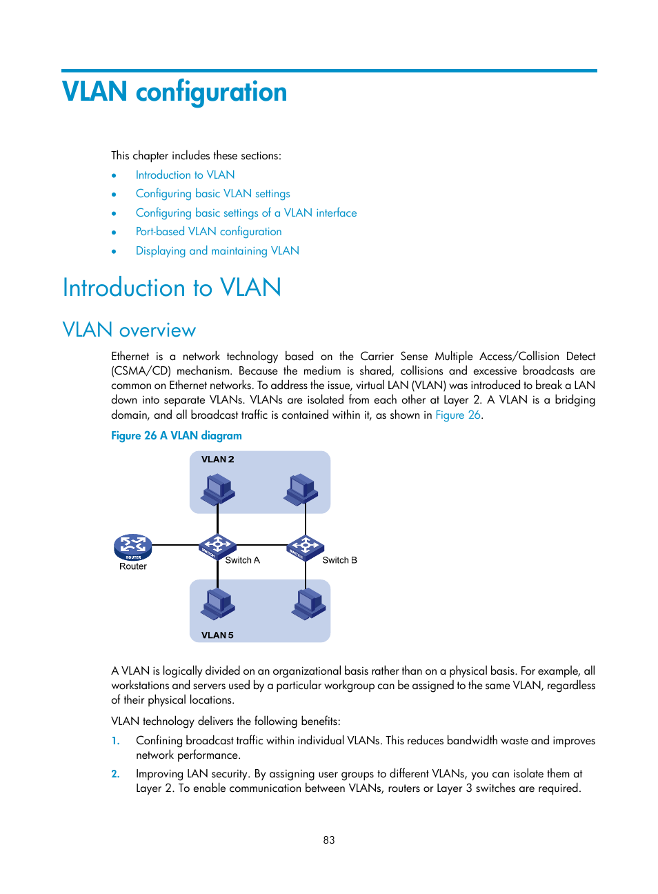 Vlan configuration, Introduction to vlan, Vlan overview | H3C Technologies H3C SecBlade NetStream Cards User Manual | Page 98 / 349