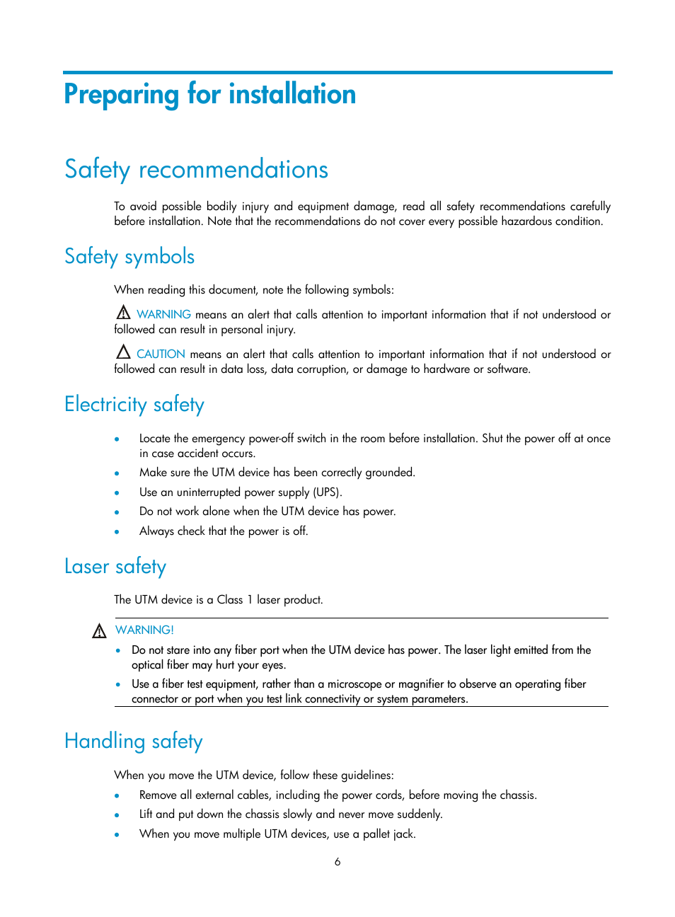 Preparing for installation, Safety recommendations, Safety symbols | Electricity safety, Laser safety, Handling safety | H3C Technologies H3C SecPath U200-A U200-M U200-S User Manual | Page 15 / 83
