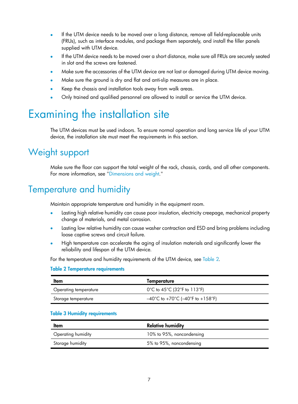 Examining the installation site, Weight support, Temperature and humidity | H3C Technologies H3C SecPath U200-A U200-M U200-S User Manual | Page 16 / 83