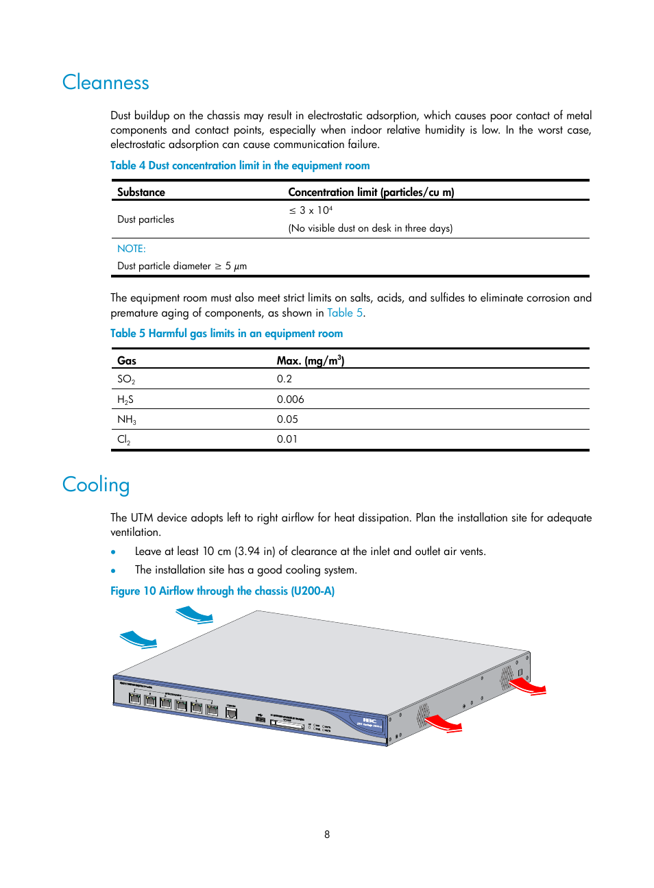 Cleanness, Cooling | H3C Technologies H3C SecPath U200-A U200-M U200-S User Manual | Page 17 / 83