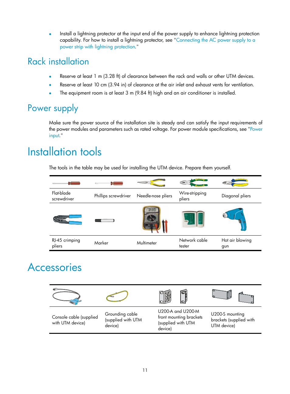 Rack installation, Power supply, Installation tools | Accessories | H3C Technologies H3C SecPath U200-A U200-M U200-S User Manual | Page 20 / 83