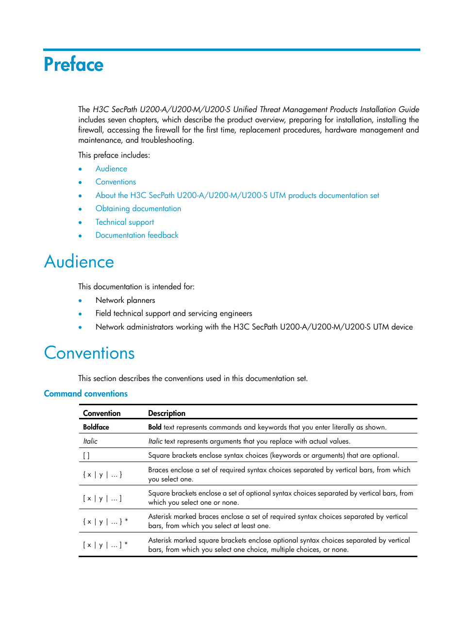 Preface, Audience, Conventions | Command conventions | H3C Technologies H3C SecPath U200-A U200-M U200-S User Manual | Page 3 / 83