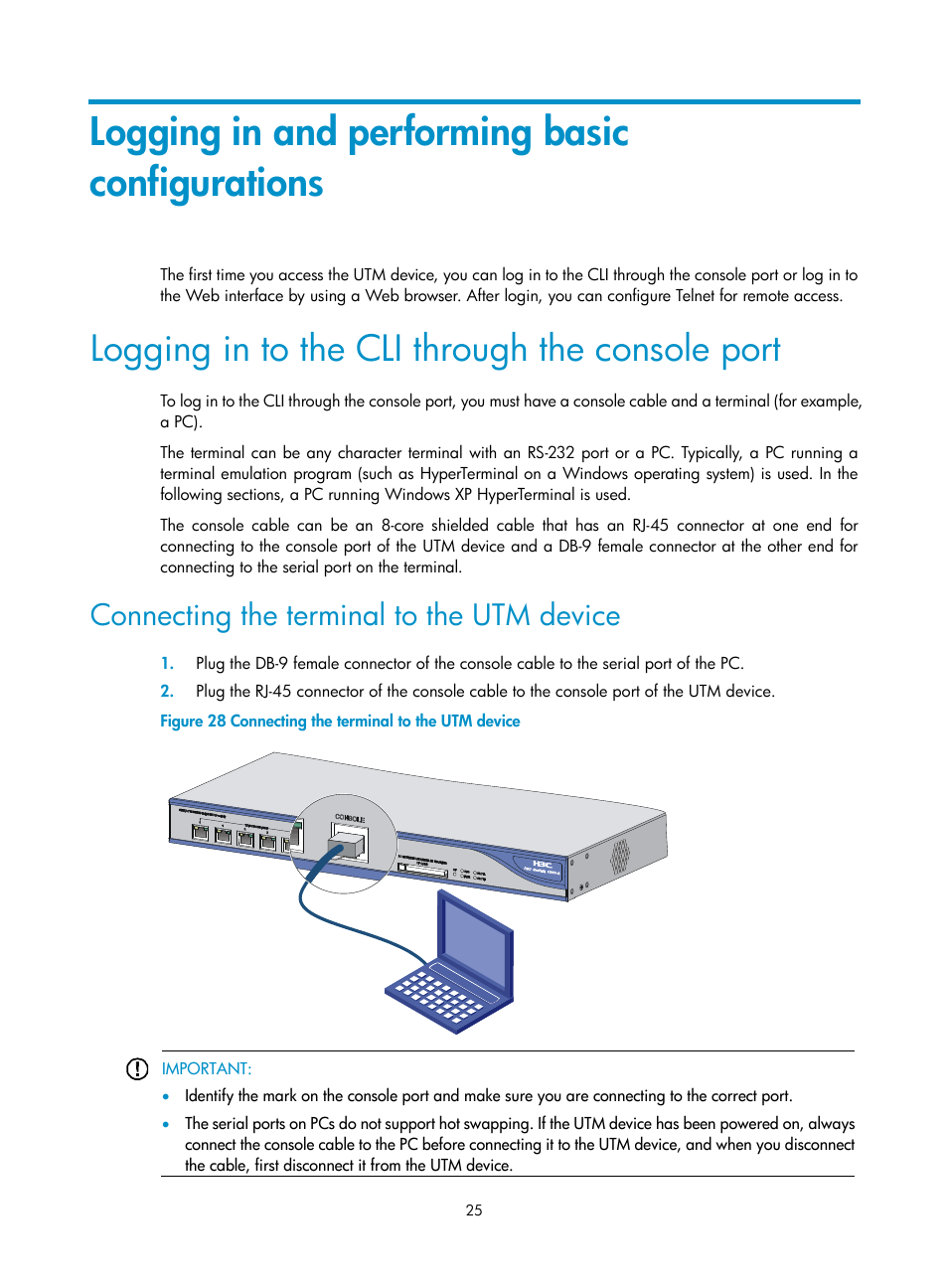Logging in and performing basic configurations, Logging in to the cli through the console port, Connecting the terminal to the utm device | H3C Technologies H3C SecPath U200-A U200-M U200-S User Manual | Page 34 / 83