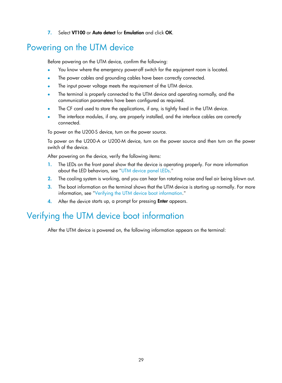 Powering on the utm device, Verifying the utm device boot information | H3C Technologies H3C SecPath U200-A U200-M U200-S User Manual | Page 38 / 83