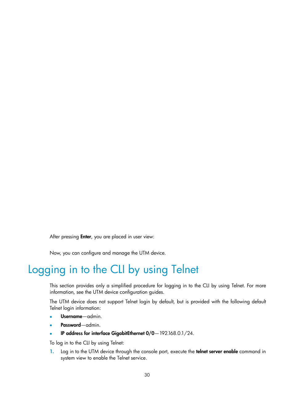 Logging in to the cli by using telnet | H3C Technologies H3C SecPath U200-A U200-M U200-S User Manual | Page 39 / 83