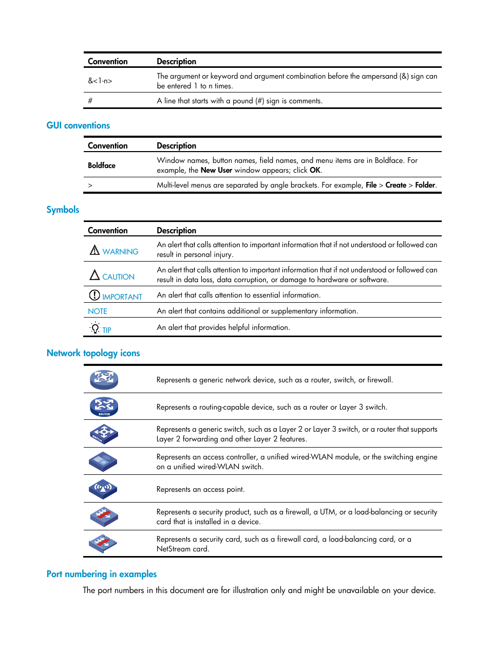Gui conventions, Symbols, Network topology icons | Port numbering in examples | H3C Technologies H3C SecPath U200-A U200-M U200-S User Manual | Page 4 / 83
