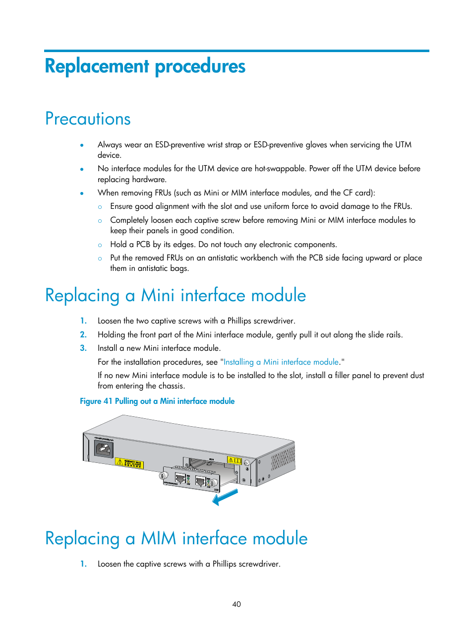 Replacement procedures, Precautions, Replacing a mini interface module | Replacing a mim interface module | H3C Technologies H3C SecPath U200-A U200-M U200-S User Manual | Page 49 / 83