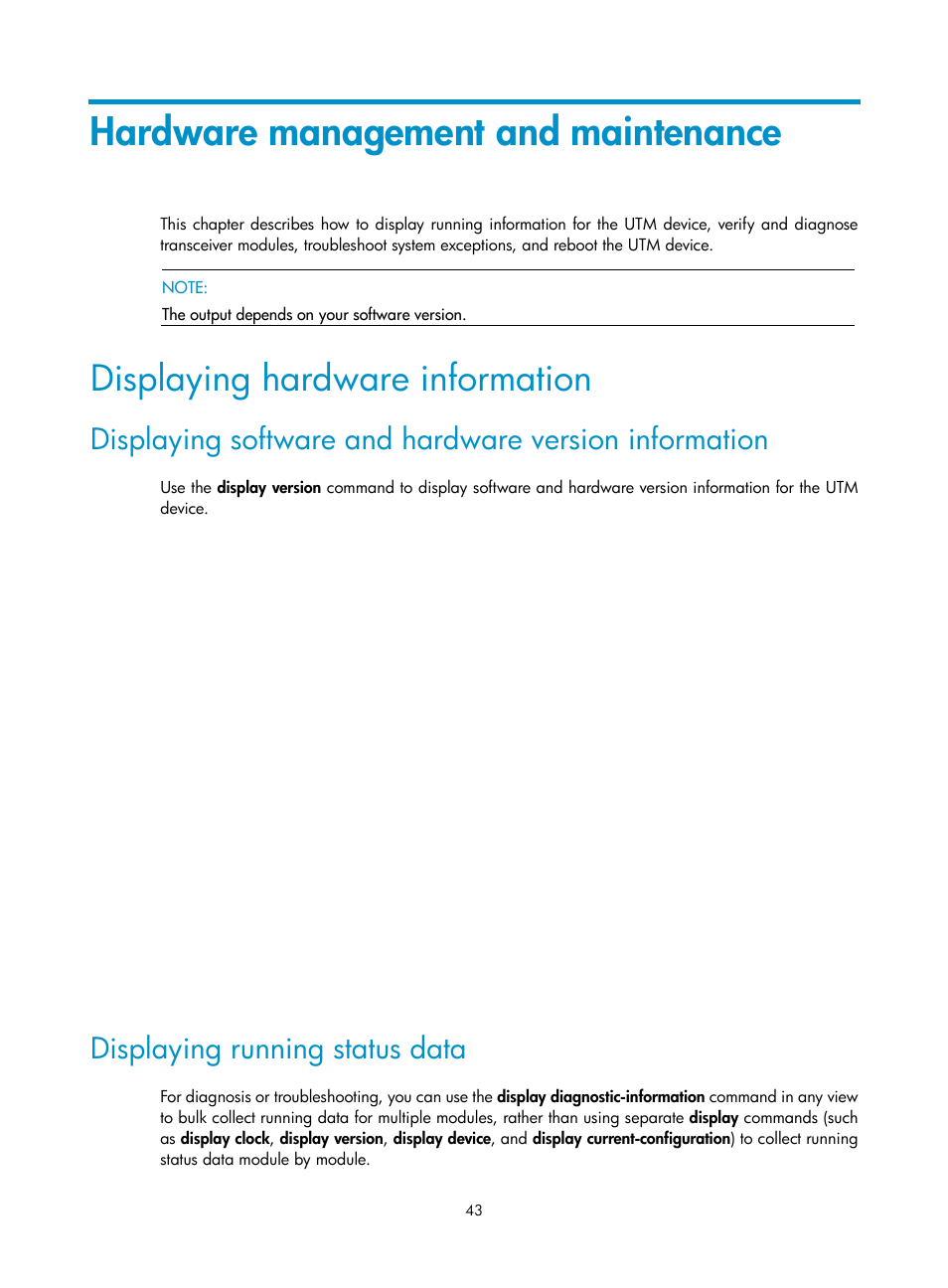 Hardware management and maintenance, Displaying hardware information, Displaying running status data | H3C Technologies H3C SecPath U200-A U200-M U200-S User Manual | Page 52 / 83