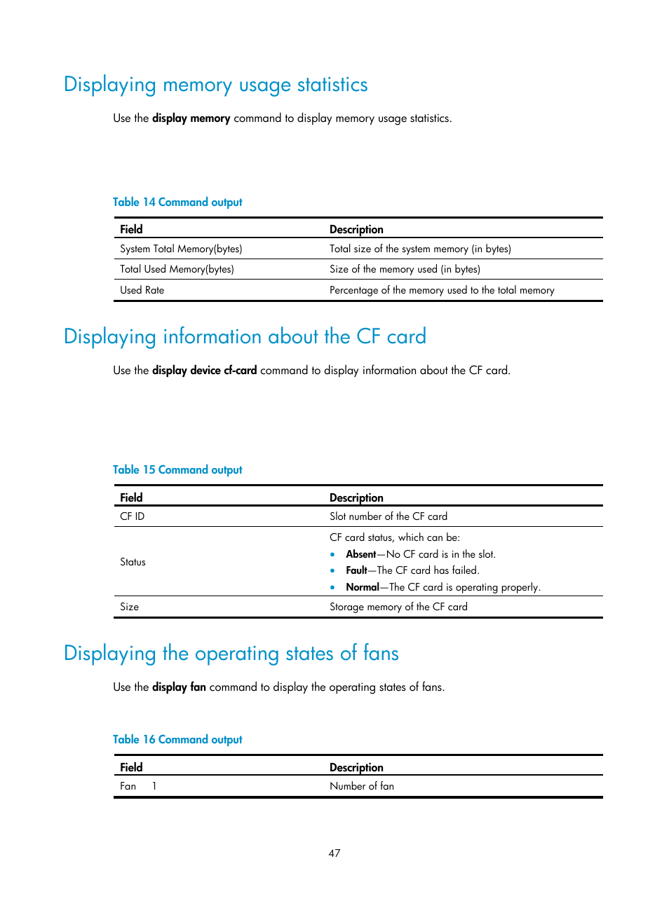 Displaying memory usage statistics, Displaying information about the cf card, Displaying the operating states of fans | H3C Technologies H3C SecPath U200-A U200-M U200-S User Manual | Page 56 / 83
