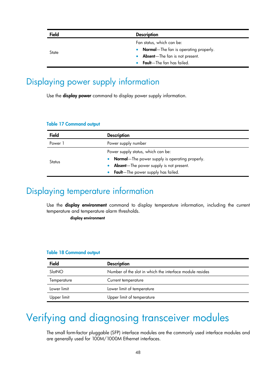 Displaying power supply information, Displaying temperature information, Verifying and diagnosing transceiver modules | H3C Technologies H3C SecPath U200-A U200-M U200-S User Manual | Page 57 / 83