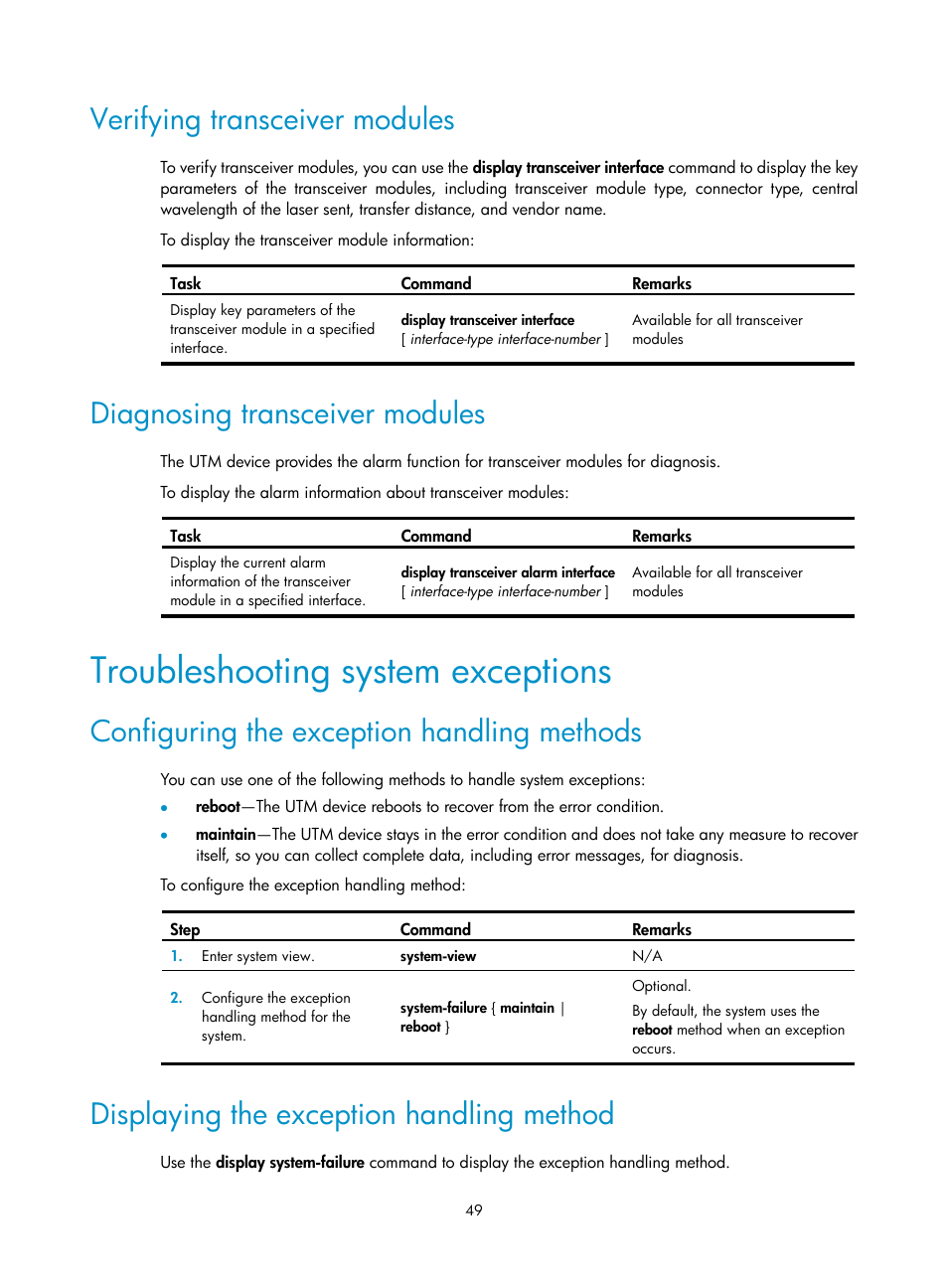 Verifying transceiver modules, Diagnosing transceiver modules, Troubleshooting system exceptions | Configuring the exception handling methods, Displaying the exception handling method | H3C Technologies H3C SecPath U200-A U200-M U200-S User Manual | Page 58 / 83