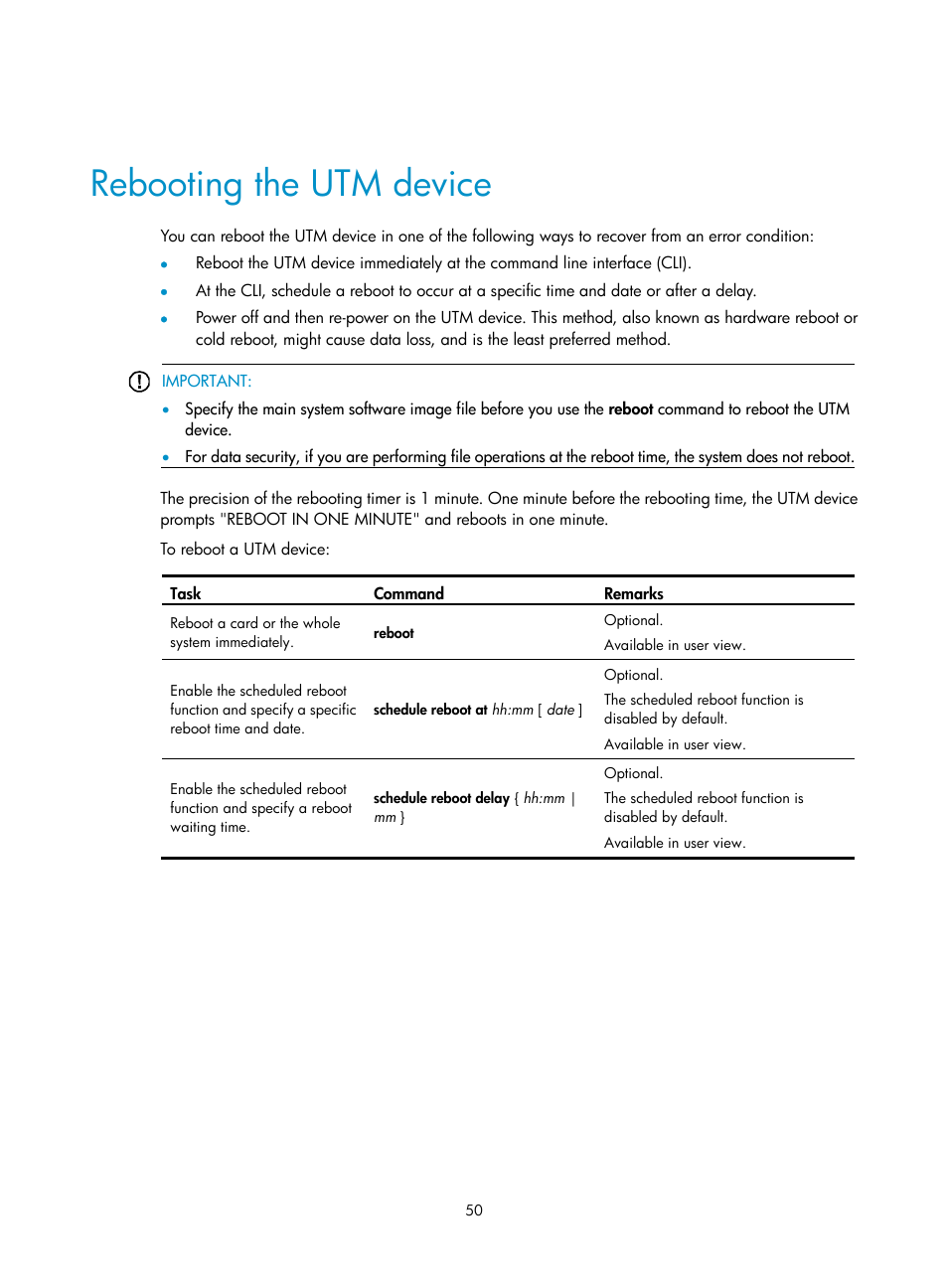 Rebooting the utm device | H3C Technologies H3C SecPath U200-A U200-M U200-S User Manual | Page 59 / 83