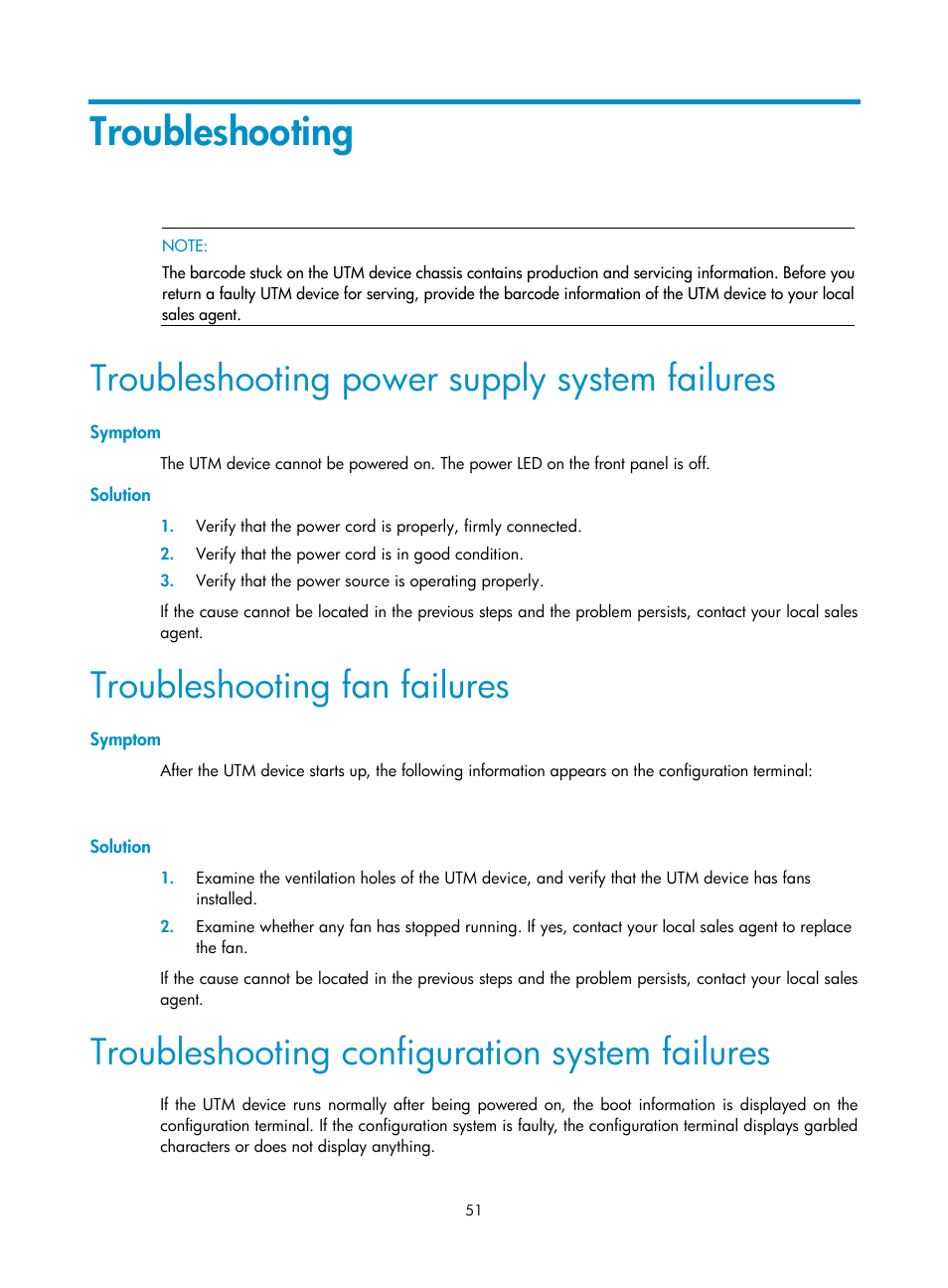 Troubleshooting, Troubleshooting power supply system failures, Symptom | Solution, Troubleshooting fan failures, Troubleshooting configuration system failures | H3C Technologies H3C SecPath U200-A U200-M U200-S User Manual | Page 60 / 83