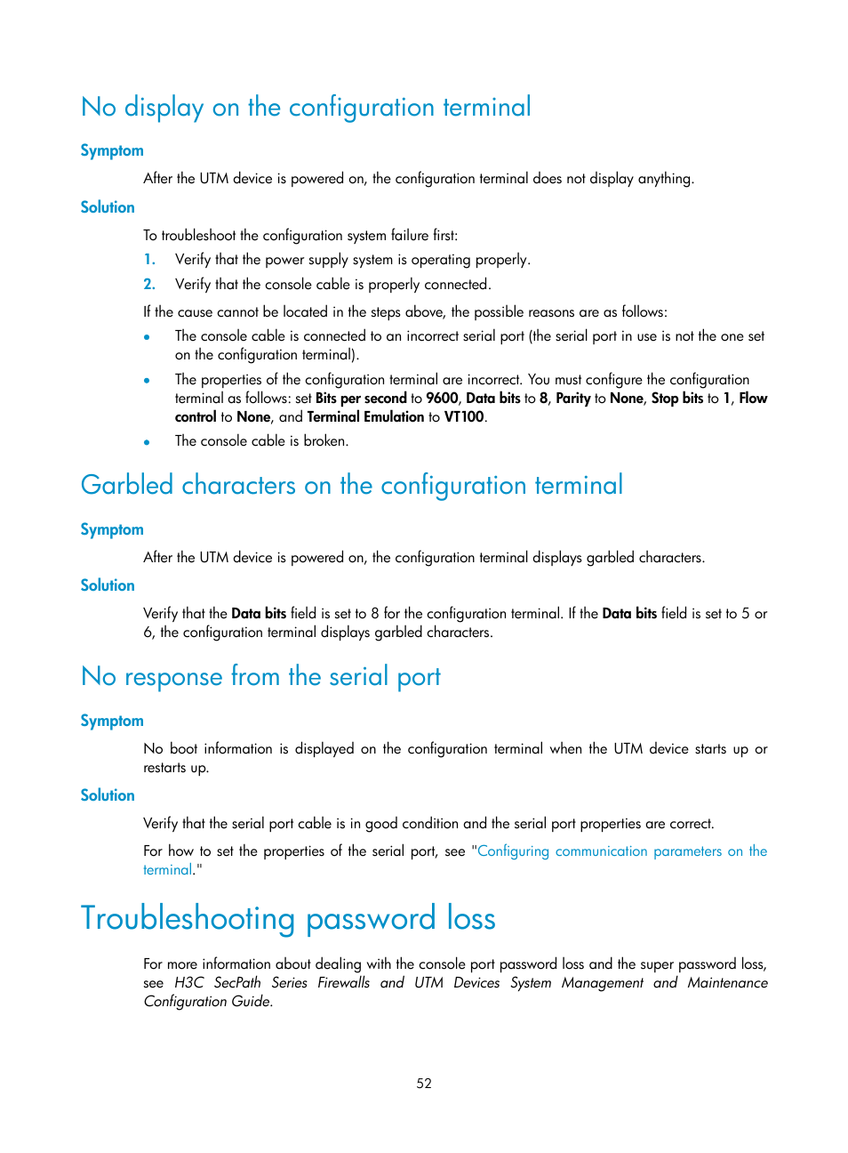 No display on the configuration terminal, Symptom, Solution | Garbled characters on the configuration terminal, No response from the serial port, Troubleshooting password loss | H3C Technologies H3C SecPath U200-A U200-M U200-S User Manual | Page 61 / 83
