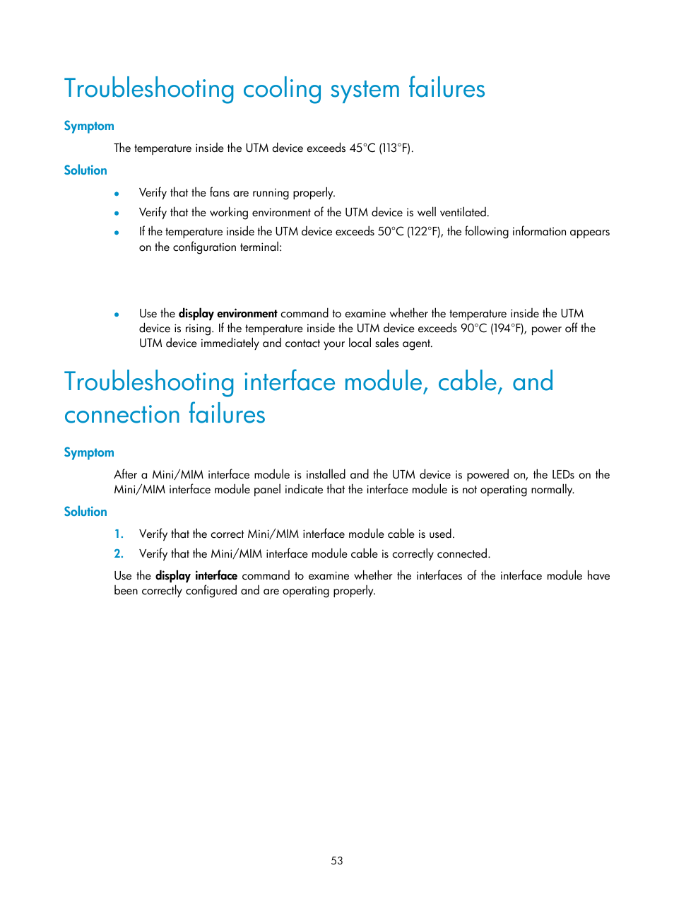 Troubleshooting cooling system failures, Symptom, Solution | H3C Technologies H3C SecPath U200-A U200-M U200-S User Manual | Page 62 / 83