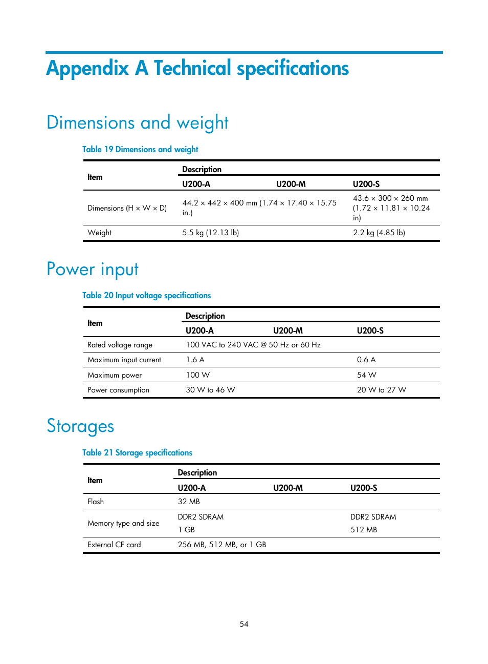 Appendix a technical specifications, Dimensions and weight, Power input | Storages, Power, Input | H3C Technologies H3C SecPath U200-A U200-M U200-S User Manual | Page 63 / 83