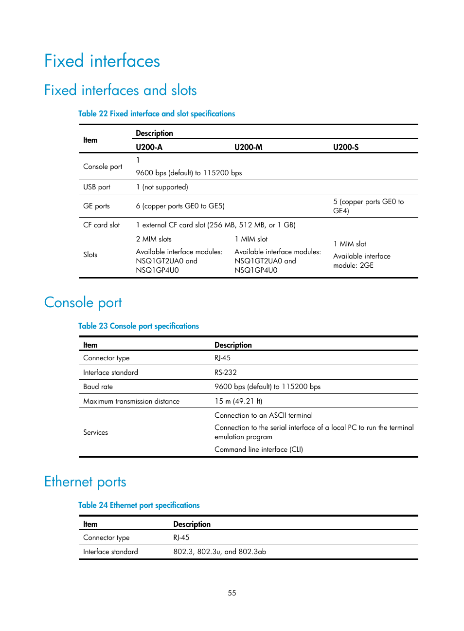 Fixed interfaces, Fixed interfaces and slots, Console port | Ethernet ports | H3C Technologies H3C SecPath U200-A U200-M U200-S User Manual | Page 64 / 83