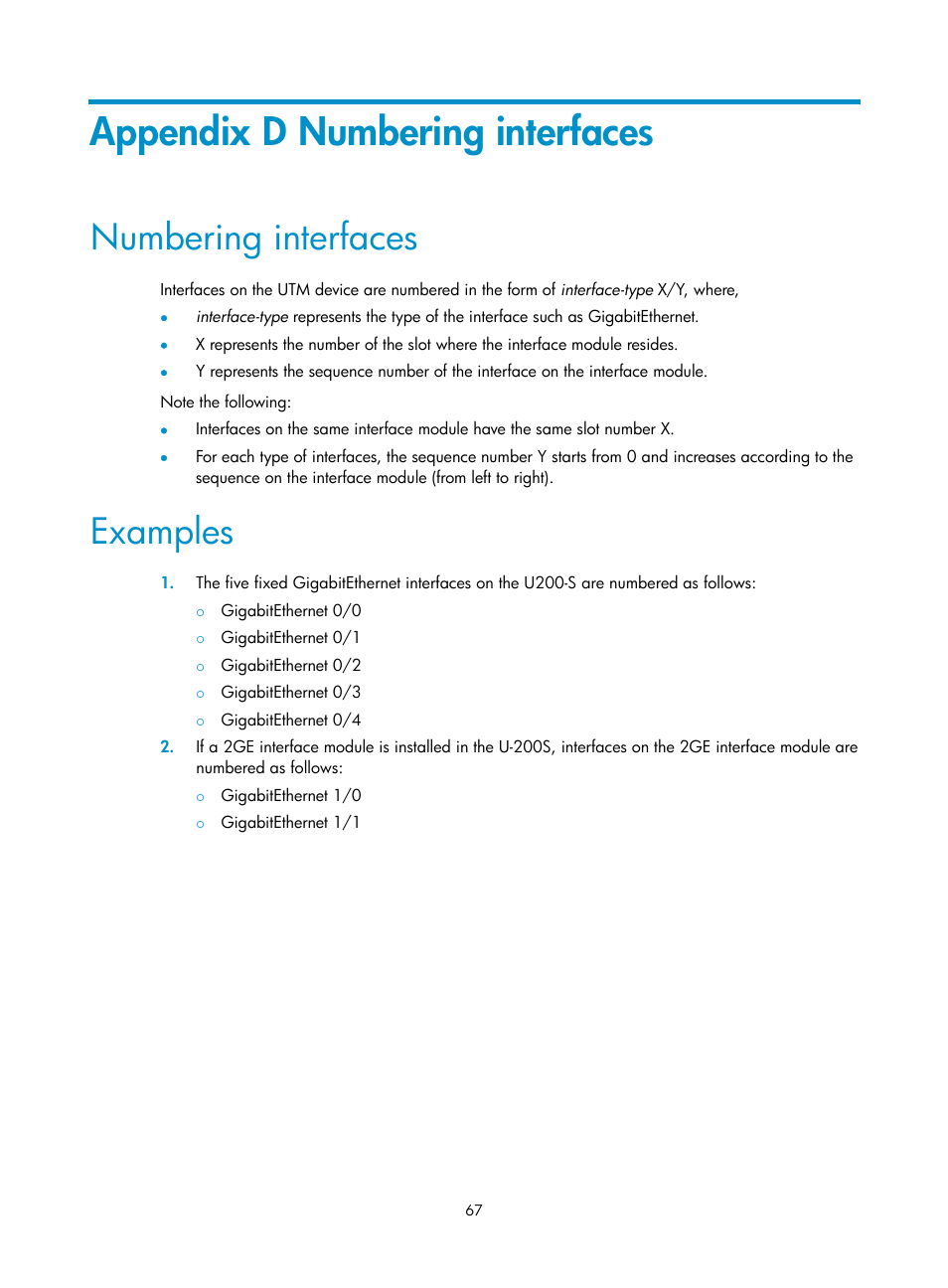 Appendix d numbering interfaces, Numbering interfaces, Examples | H3C Technologies H3C SecPath U200-A U200-M U200-S User Manual | Page 76 / 83