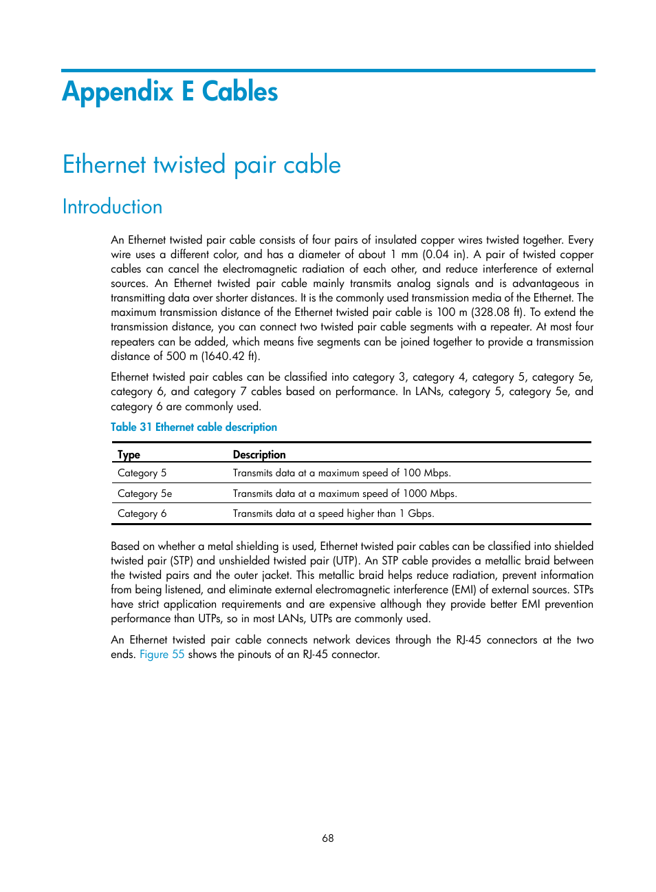 Appendix e cables, Ethernet twisted pair cable, Introduction | H3C Technologies H3C SecPath U200-A U200-M U200-S User Manual | Page 77 / 83