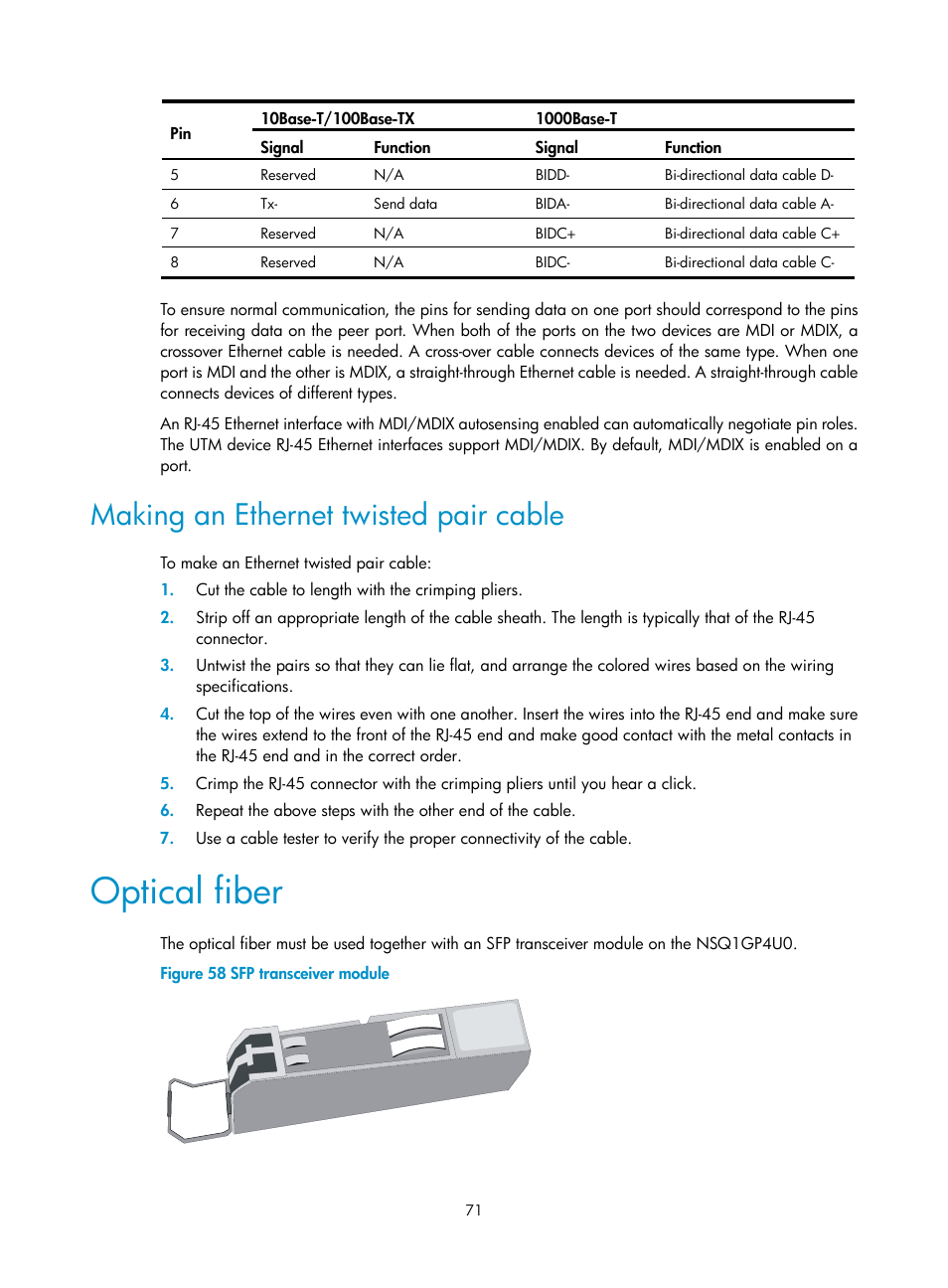 Making an ethernet twisted pair cable, Optical fiber | H3C Technologies H3C SecPath U200-A U200-M U200-S User Manual | Page 80 / 83