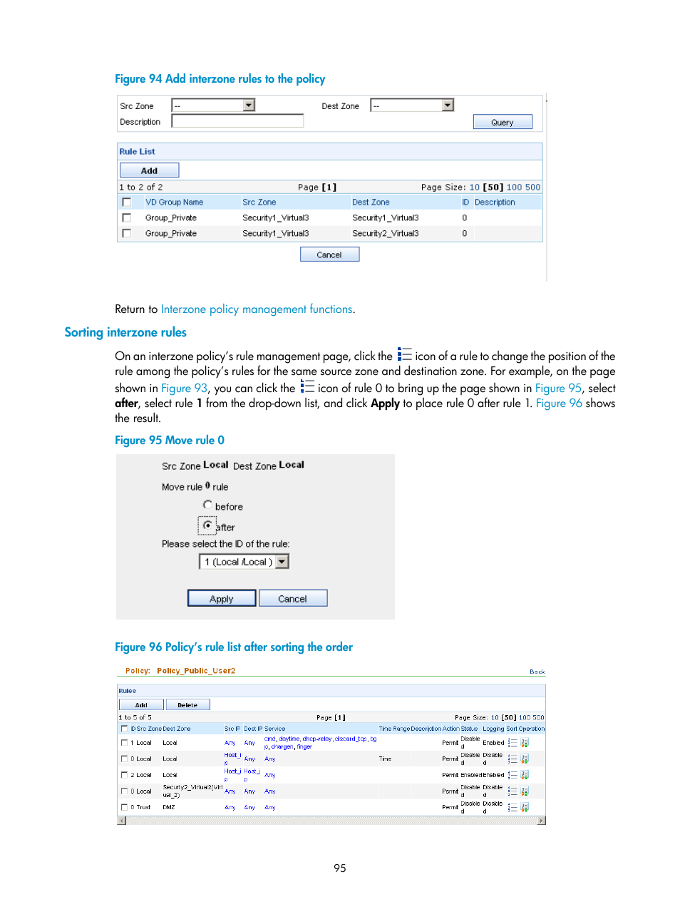 Sorting interzone rules, Figure 94, Appears, showing all rules that | H3C Technologies H3C SecCenter Firewall Manager User Manual | Page 101 / 131