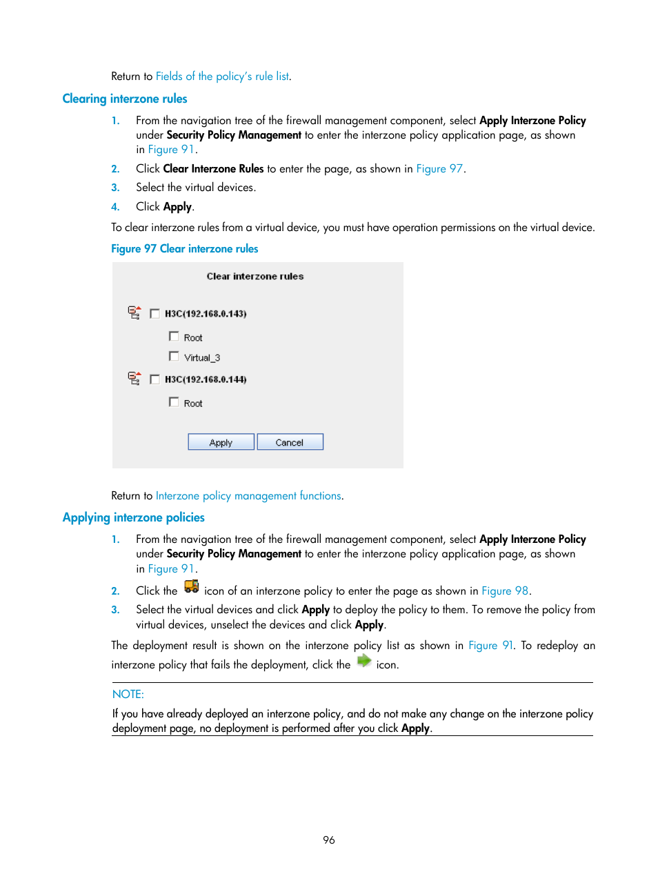 Clearing interzone rules, Applying interzone policies | H3C Technologies H3C SecCenter Firewall Manager User Manual | Page 102 / 131