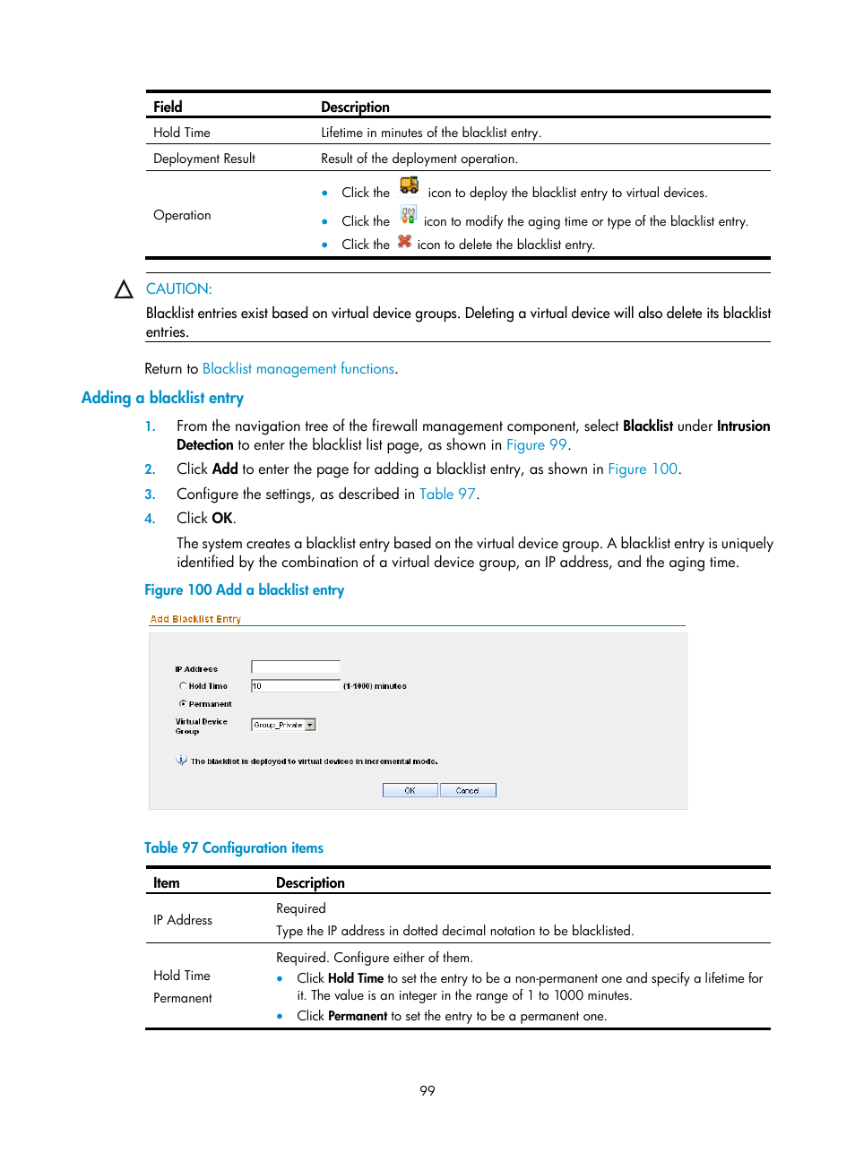 Adding a blacklist entry | H3C Technologies H3C SecCenter Firewall Manager User Manual | Page 105 / 131