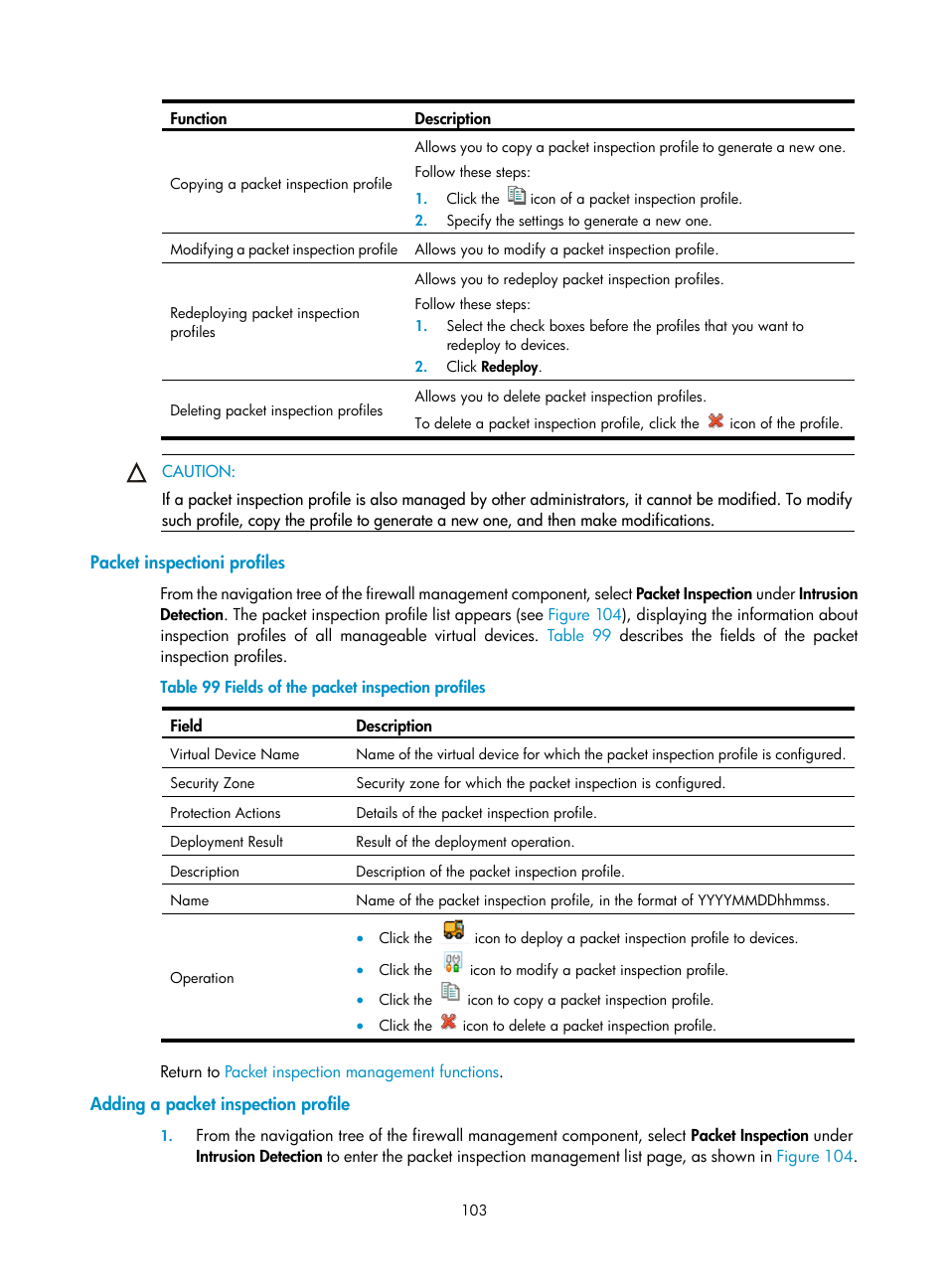 Packet inspectioni profiles, Adding a packet inspection profile | H3C Technologies H3C SecCenter Firewall Manager User Manual | Page 109 / 131