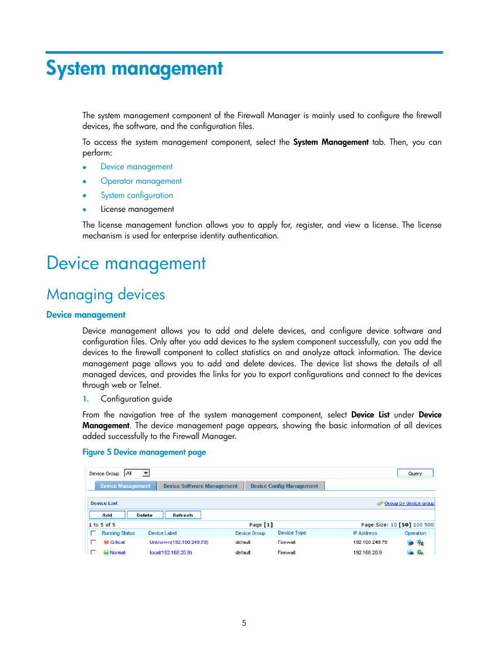 System management, Device management, Managing devices | H3C Technologies H3C SecCenter Firewall Manager User Manual | Page 11 / 131