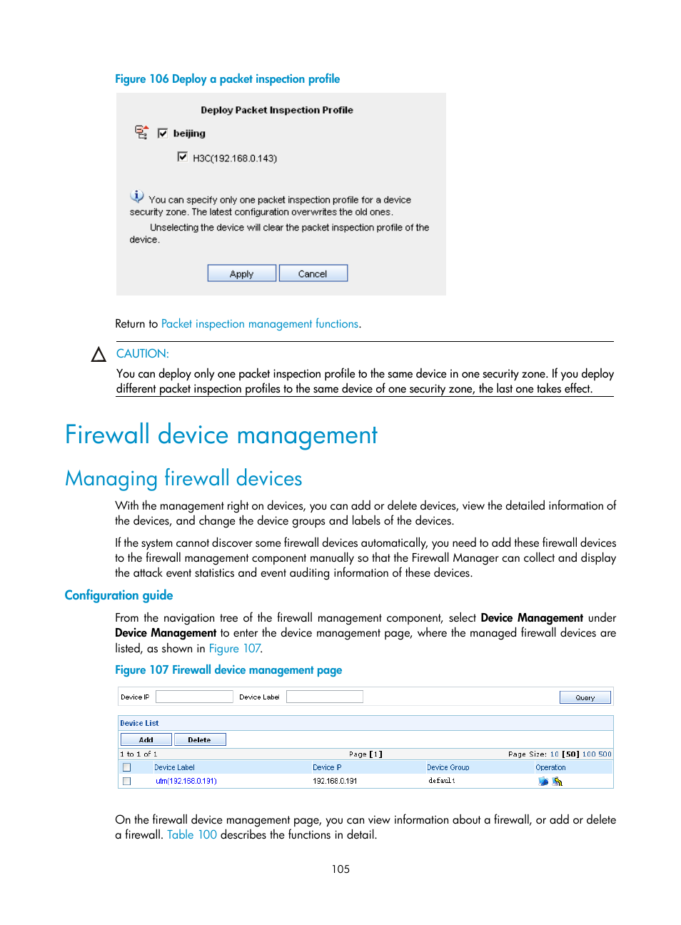 Firewall device management, Managing firewall devices, Configuration guide | Figure 106 | H3C Technologies H3C SecCenter Firewall Manager User Manual | Page 111 / 131