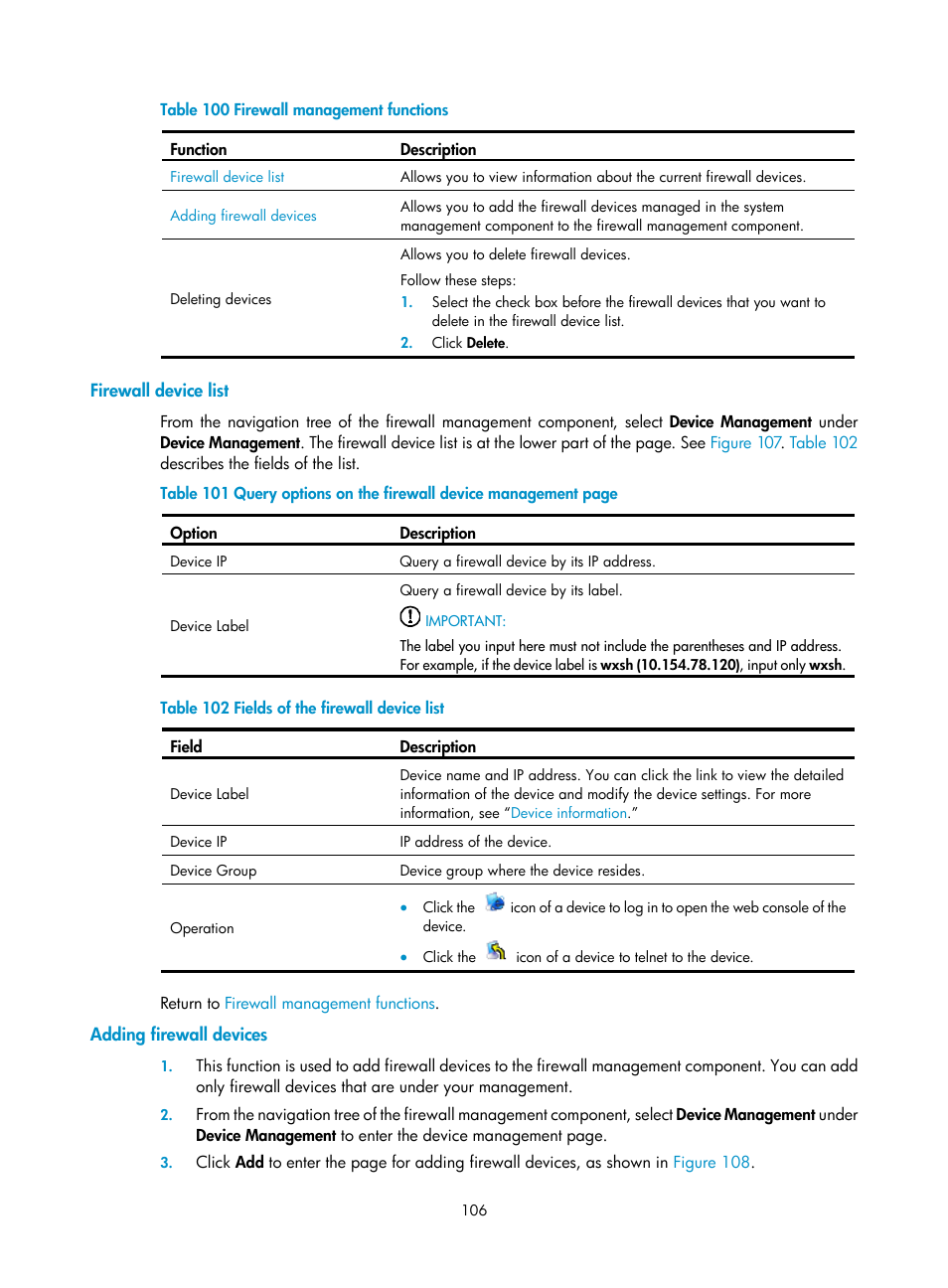 Firewall device list, Adding firewall devices, Table 100 | H3C Technologies H3C SecCenter Firewall Manager User Manual | Page 112 / 131