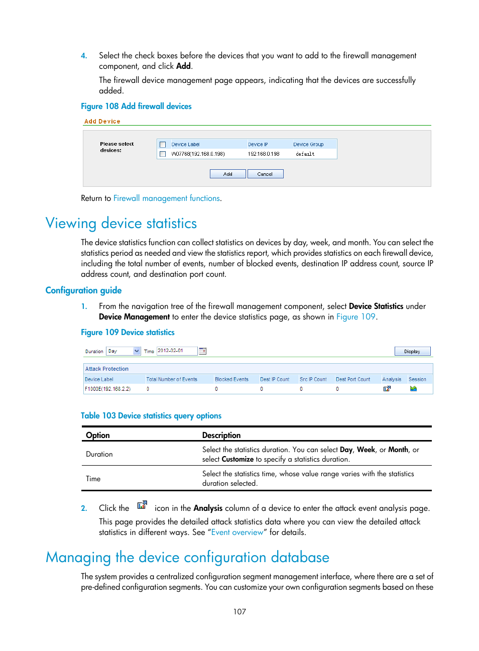 Viewing device statistics, Configuration guide, Managing the device configuration database | Figure 108 | H3C Technologies H3C SecCenter Firewall Manager User Manual | Page 113 / 131