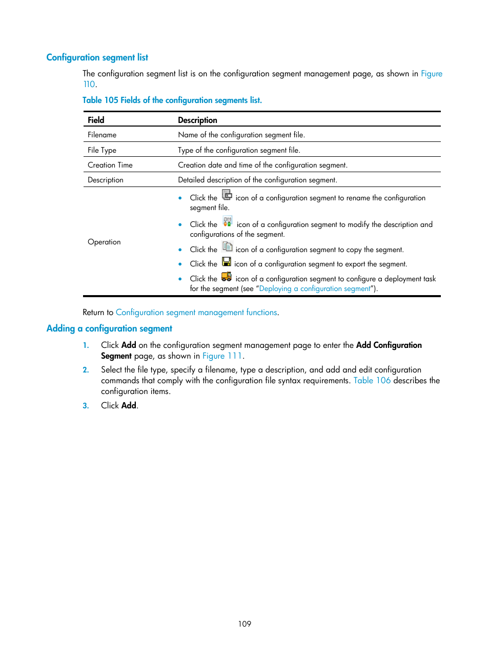 Configuration segment list, Adding a configuration segment | H3C Technologies H3C SecCenter Firewall Manager User Manual | Page 115 / 131