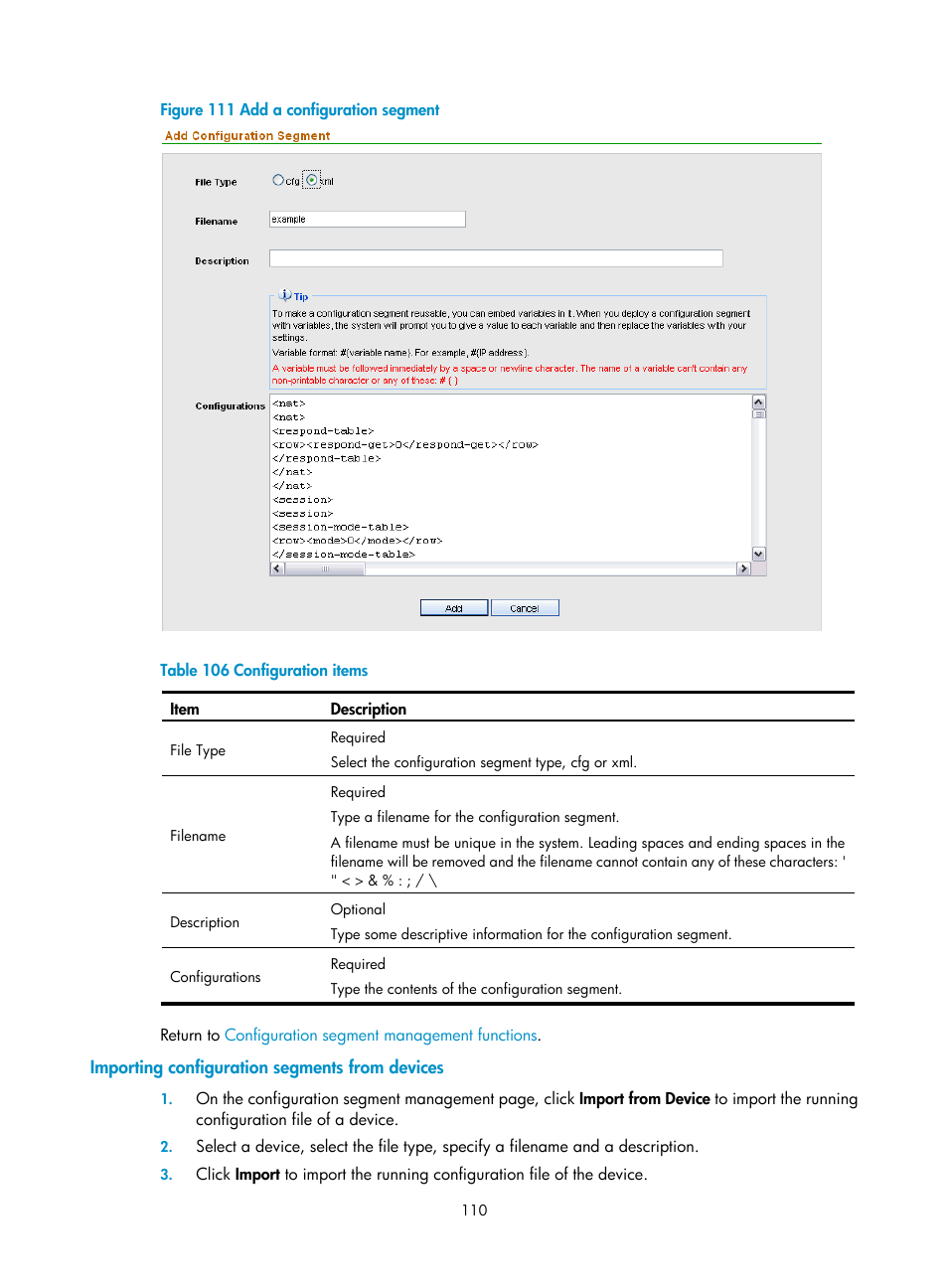 Importing configuration segments from devices, Figure 111, Table 106 | Describes the | H3C Technologies H3C SecCenter Firewall Manager User Manual | Page 116 / 131