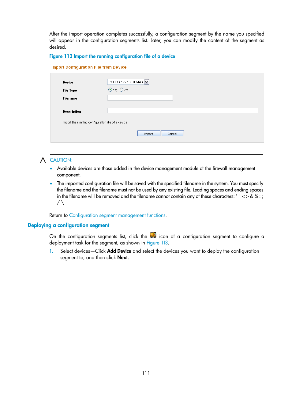 Deploying a configuration segment | H3C Technologies H3C SecCenter Firewall Manager User Manual | Page 117 / 131