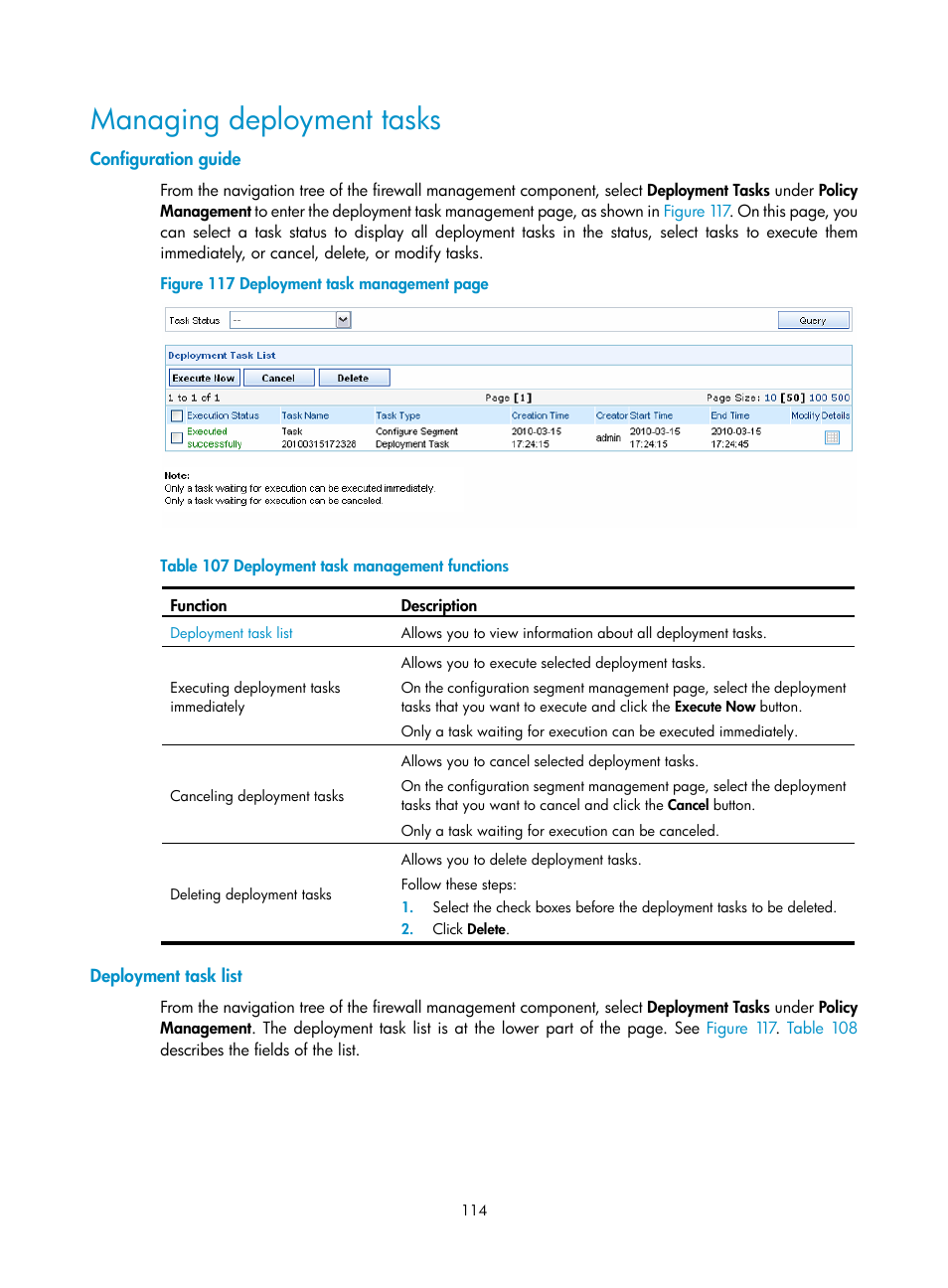 Managing deployment tasks, Configuration guide, Deployment task list | H3C Technologies H3C SecCenter Firewall Manager User Manual | Page 120 / 131