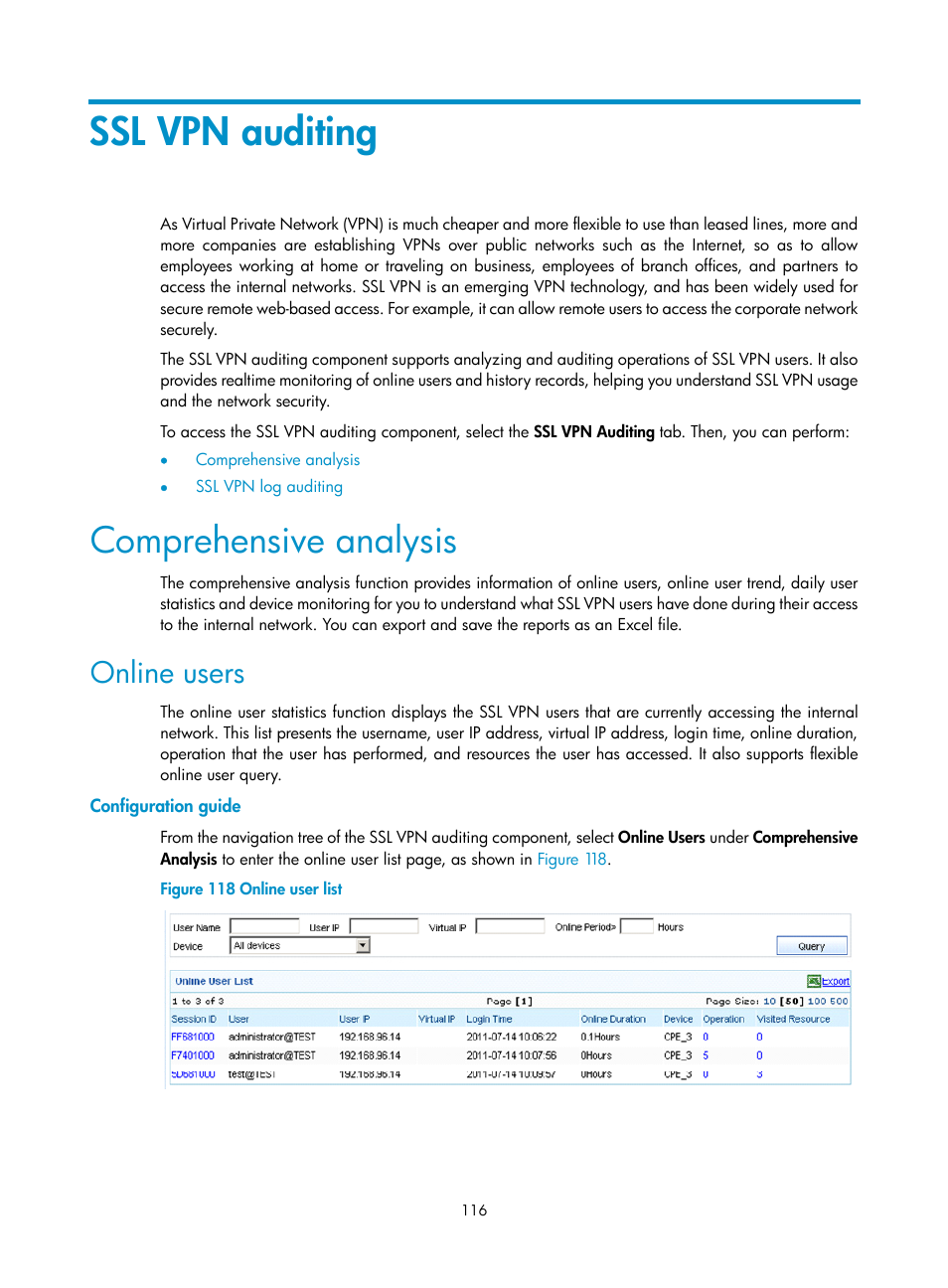Ssl vpn auditing, Comprehensive analysis, Online users | Configuration guide | H3C Technologies H3C SecCenter Firewall Manager User Manual | Page 122 / 131