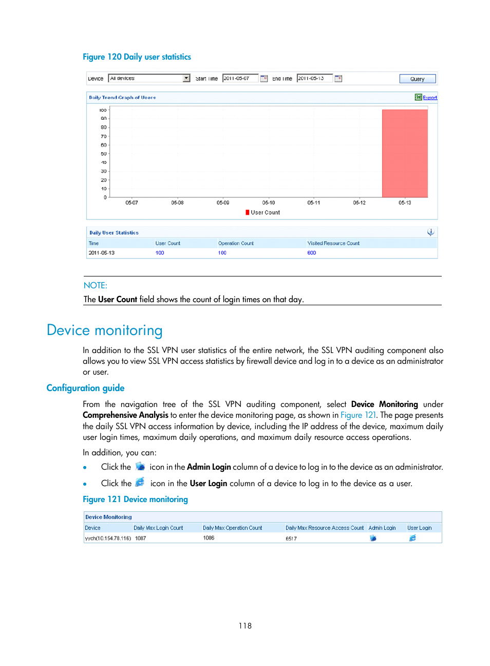 Device monitoring, Configuration guide, N in | Figure 120 | H3C Technologies H3C SecCenter Firewall Manager User Manual | Page 124 / 131