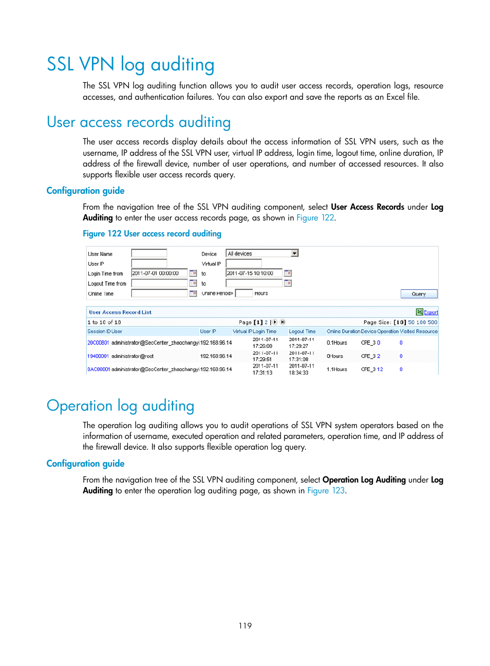Ssl vpn log auditing, User access records auditing, Configuration guide | Operation log auditing | H3C Technologies H3C SecCenter Firewall Manager User Manual | Page 125 / 131