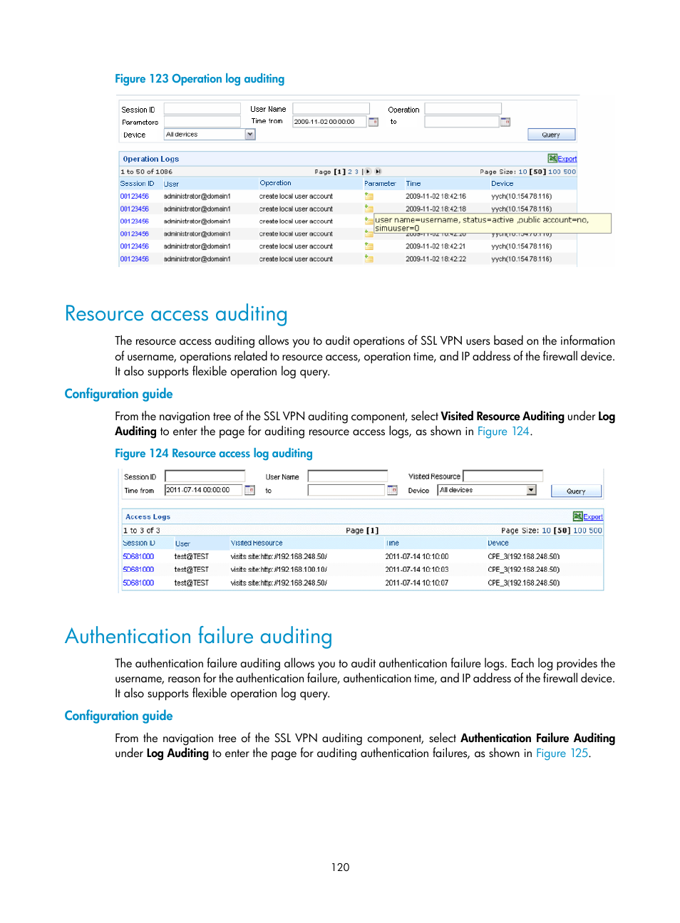 Resource access auditing, Configuration guide, Authentication failure auditing | H3C Technologies H3C SecCenter Firewall Manager User Manual | Page 126 / 131