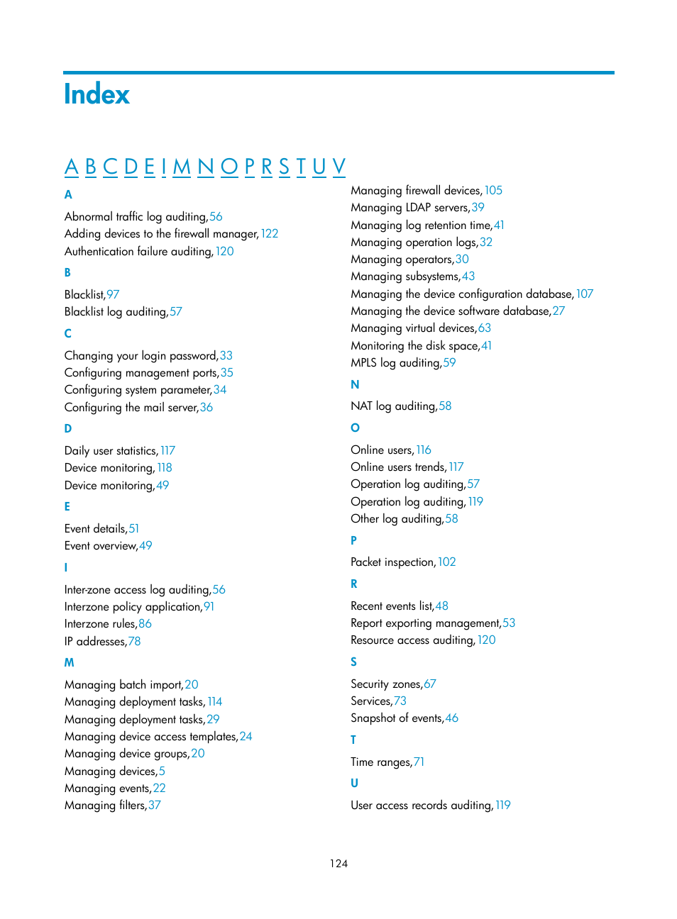 Index | H3C Technologies H3C SecCenter Firewall Manager User Manual | Page 130 / 131