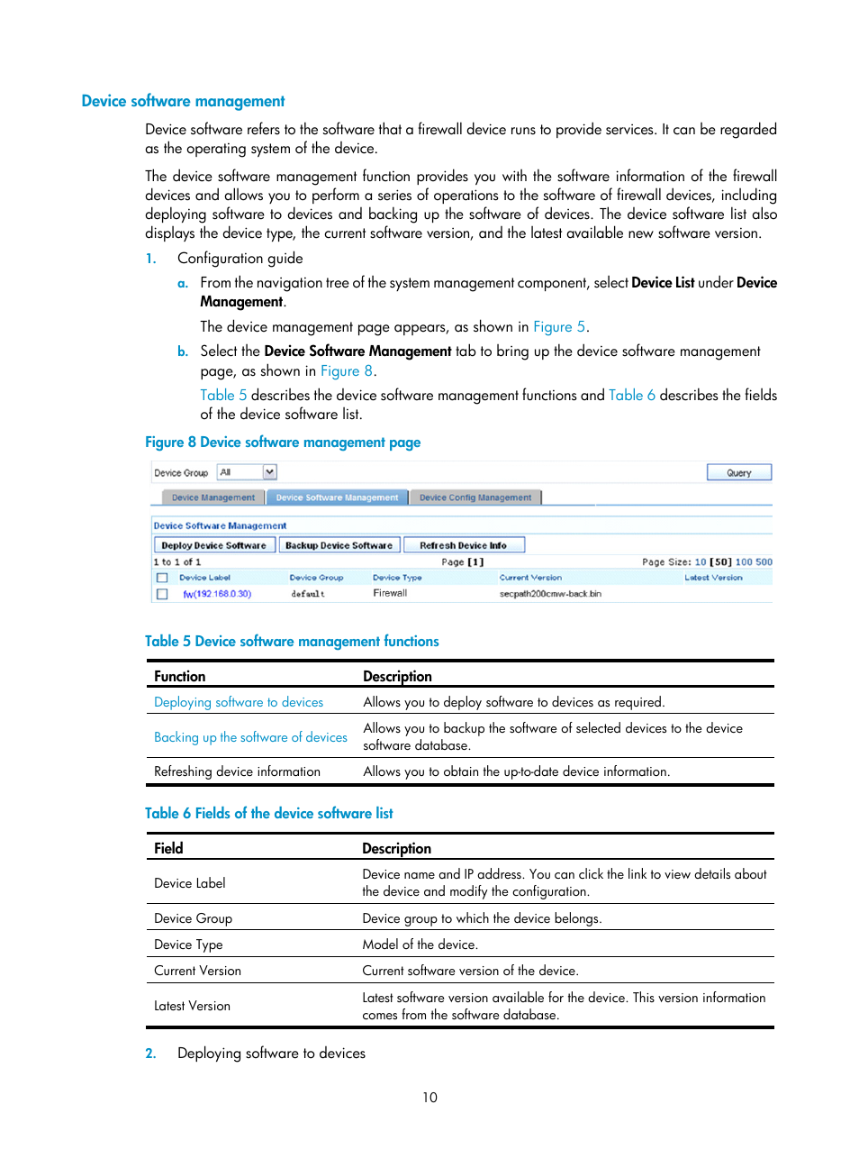 Device software management | H3C Technologies H3C SecCenter Firewall Manager User Manual | Page 16 / 131