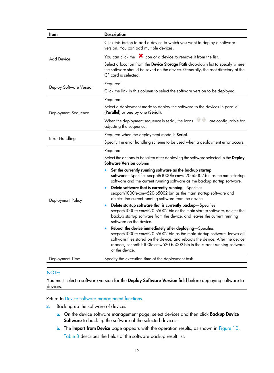 Backing up the software of devices | H3C Technologies H3C SecCenter Firewall Manager User Manual | Page 18 / 131