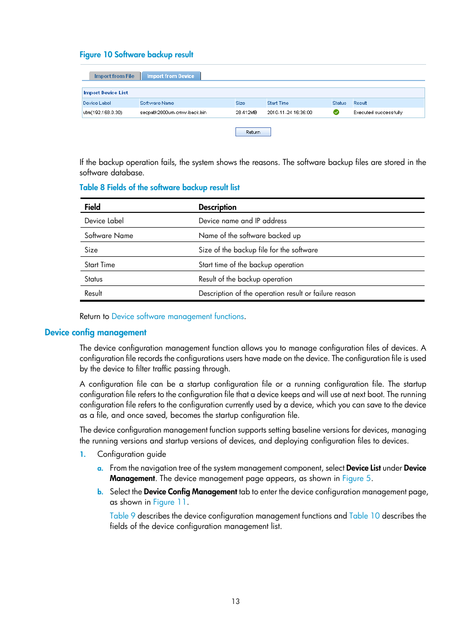 Device config management, Shown in, Figure 10 | Table 8, Desc | H3C Technologies H3C SecCenter Firewall Manager User Manual | Page 19 / 131