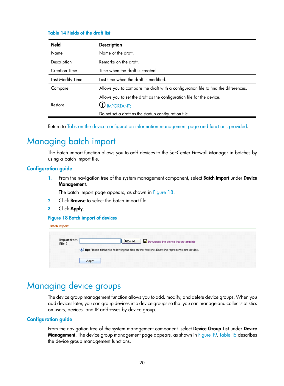 Managing batch import, Configuration guide, Managing device groups | H3C Technologies H3C SecCenter Firewall Manager User Manual | Page 26 / 131