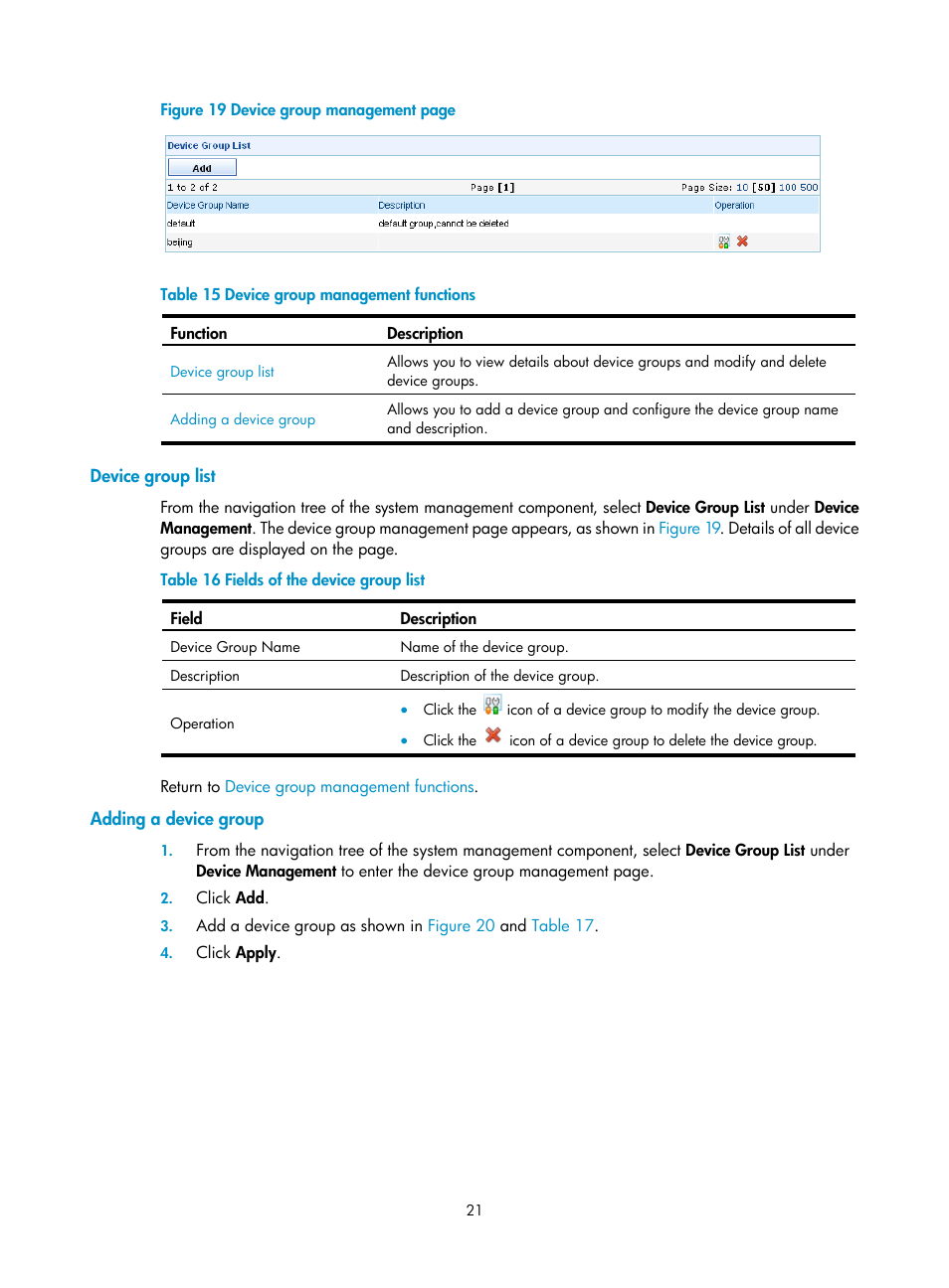 Device group list, Adding a device group, N in | Figure 19, Table 15 | H3C Technologies H3C SecCenter Firewall Manager User Manual | Page 27 / 131